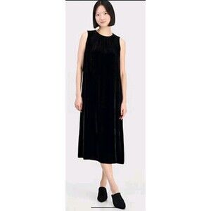 Eileen Fisher Black Velvet Midi Shift Dress Size Large Minimalist Lagenlook Glam